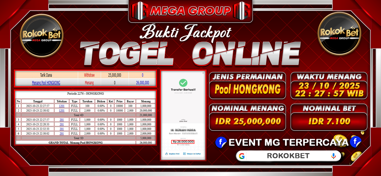 Bukti JP situs Rokokbet hari Kamis, 23 Oktober 2025