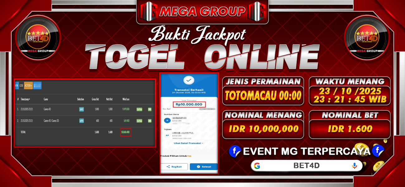 Bukti JP situs Bet4D hari Kamis, 23 Oktober 2025